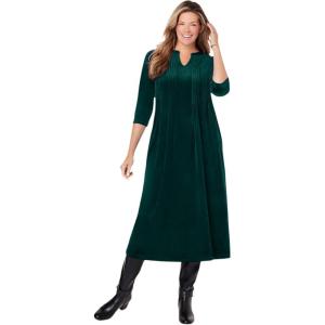 Woman Within Plus Size Pintuck Velour Dress(Emerald Green)