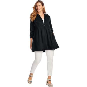 Woman Within Plus Size Pleated Jacket French Terry Long Oversized Sweatshirt(Black)