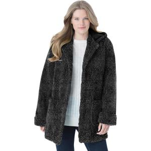 Woman Within Plus Size Short Hooded Berber Fleece Jacket(Black)