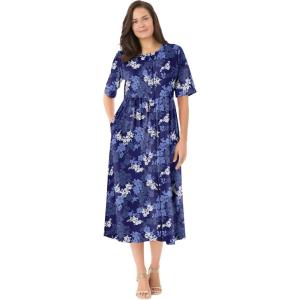 Woman Within Plus Size Short-Sleeve Button-Front Pocket Dress (Petite Available) – 6X, Navy Bloom