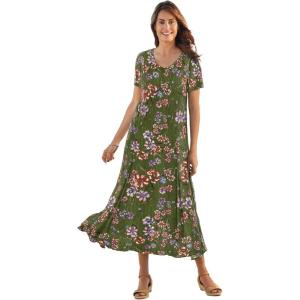 Woman Within Plus Size Short-Sleeve Crinkle Dress(Dark Basil Floral)