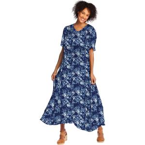 Woman Within Plus Size Short-Sleeve Crinkle Dress(Navy Painterly Bouquet)