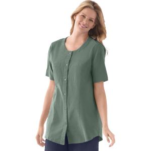 Woman Within Plus Size Short-Sleeve Crinkle Shirt(Pine)