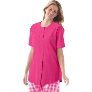 Woman Within Plus Size Short-Sleeve Crinkle Shirt(Raspberry Sorbet)