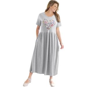 Woman Within Plus Size Short-Sleeve Scoopneck Empire Waist Dress(Heather Grey Butterfly Heart)