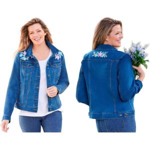 Woman Within Plus Size Stretch Denim Jacket Cropped Jean Jacket(Stonewash Floral)