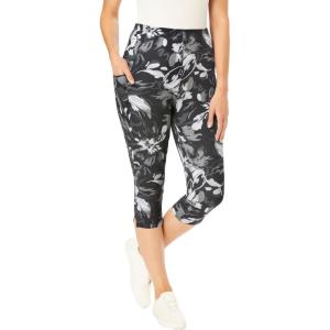Woman Within Plus Size Stretch-Cotton Knit Pull-On Printed Pocket Capri Leggings(Black Splash Floral)