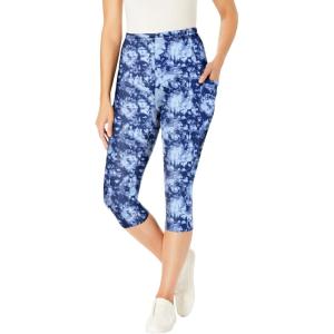 Woman Within Plus Size Stretch-Cotton Knit Pull-On Printed Pocket Capri Leggings(Blue Tie Dye)