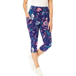 Woman Within Plus Size Stretch-Cotton Knit Pull-On Printed Pocket Capri Leggings(Navy Coral Multi Floral)