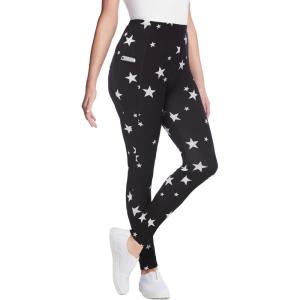 Woman Within Plus Size Stretch-Cotton Knit Pull-On Printed Pocket Leggings(Black White Stars)