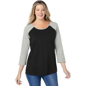 Woman Within Plus Size Three-Quarter Sleeve Baseball Tee(Black Heather Grey)