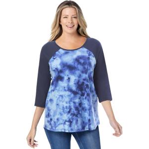 Woman Within Plus Size Three-Quarter Sleeve Baseball Tee(Blue Tie Dye)