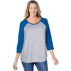 Woman Within Plus Size Three-Quarter Sleeve Baseball Tee(Classic Heather Grey Bright Cobalt)