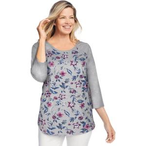 Woman Within Plus Size Three-Quarter Sleeve Baseball Tee(Heather Grey Floral)