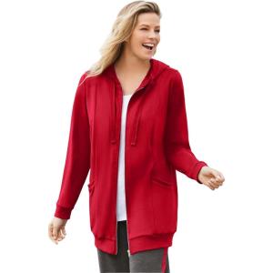 Woman Within Plus Size Zip Front Hoodie Jacket Long Oversized Fleece Jacket(Classic Red)