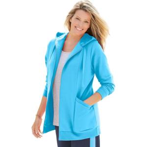 Woman Within Plus Size Zip Front Hoodie Jacket Long Oversized Fleece Jacket(Paradise Blue)