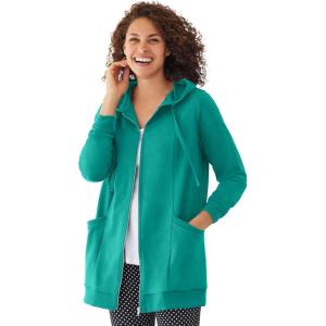 Woman Within Plus Size Zip Front Hoodie Jacket Long Oversized Fleece Jacket(Waterfall)