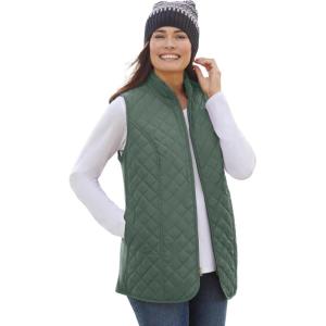 Woman Within Plus Size Zip-Front Quilted Vest Long Lightweight Gilet(Pine)