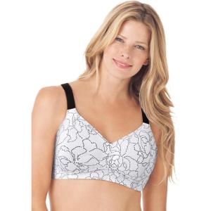Women’s Plus Size Wireless Back Smoothing Bra(Black White Dotted Floral)