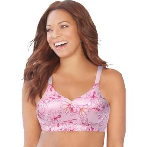 Women’s Plus Size Wireless Back Smoothing Bra(Pink Floral Bloom)