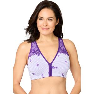 Women’s Plus Size Wireless Front-Close Cotton Comfort Bra(Plum Burst Stripe Floral)