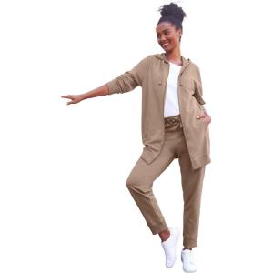 ellos Women’s Plus Size Long Zip Front Hoodie French Terry Long Oversized Lightweight Jacket(Dark Taupe)