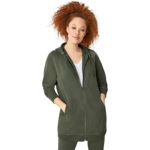 ellos Women’s Plus Size Long Zip Front Hoodie French Terry Long Oversized Lightweight Jacket(Deep Olive)