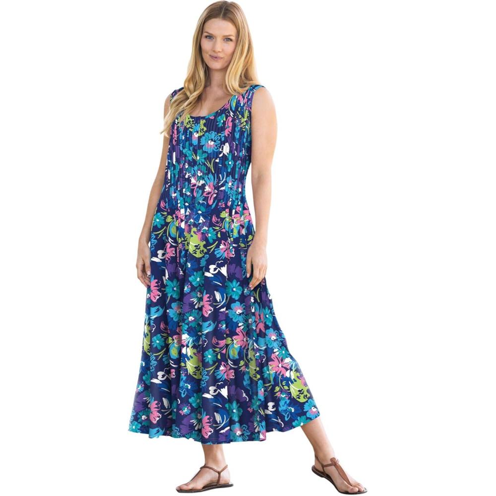 imageWoman Within Plus Size Pintucked Sleeveless DressEvening Blue Poppy Blossom