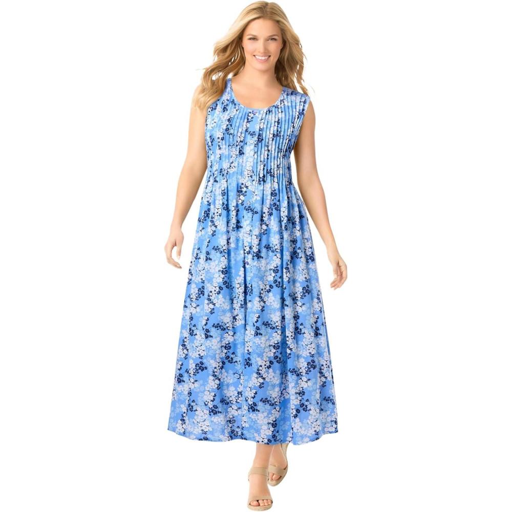 imageWoman Within Plus Size Pintucked Sleeveless DressHorizon Blue Ditsy Bloom