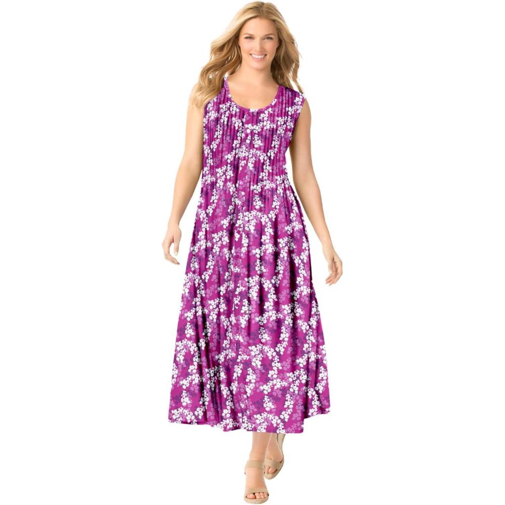 imageWoman Within Plus Size Pintucked Sleeveless DressRaspberry Ditsy Bloom
