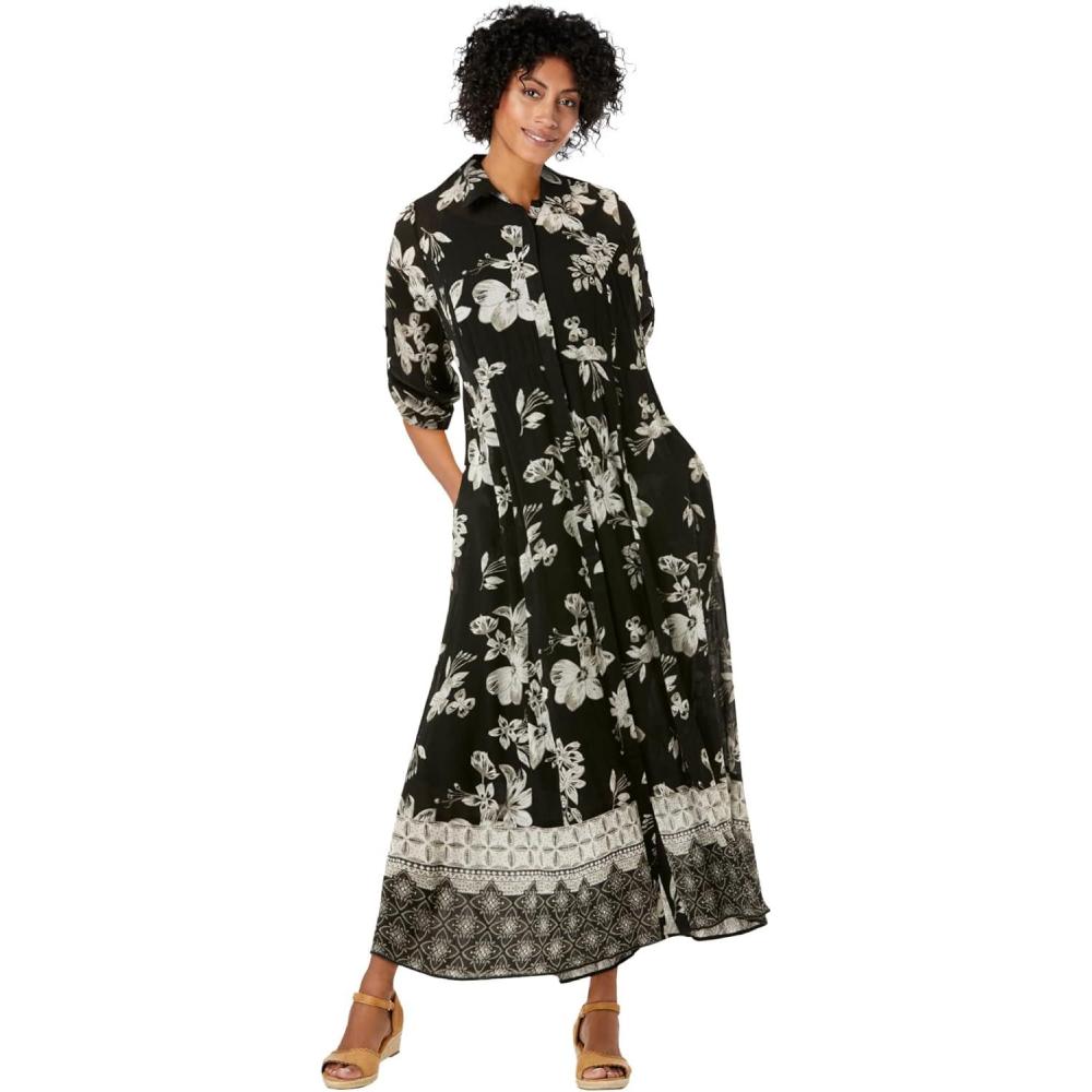 imageWoman Within Plus Size RollTab Sleeve Crinkle ShirtdressBlack Bloom Flower