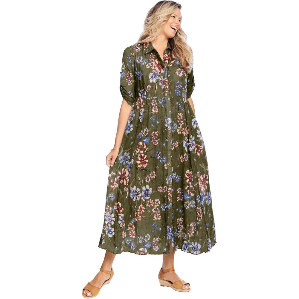 imageWoman Within Plus Size RollTab Sleeve Crinkle ShirtdressDark Basil Floral