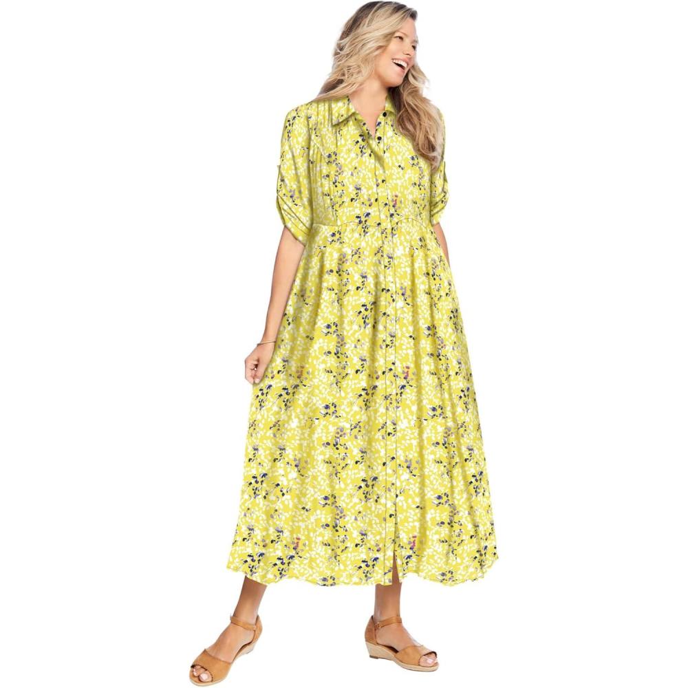 imageWoman Within Plus Size RollTab Sleeve Crinkle ShirtdressPrimrose Yellow Leaf