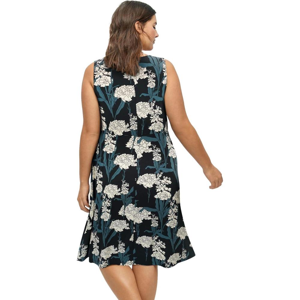imageellos Plus Size Sleeveless Knit Fit and Flare Knit DressBlack Ivory Floral