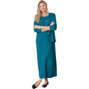 Woman Within Plus Size Lettuce Trim Knit Jacket Dress(Deep Teal)