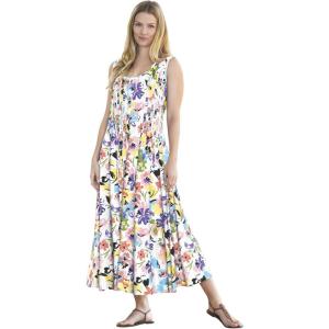 Woman Within Plus Size Pintucked Sleeveless Dress(White Poppy Blossom)