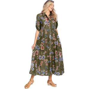 Woman Within Plus Size Roll-Tab Sleeve Crinkle Shirtdress(Dark Basil Floral)