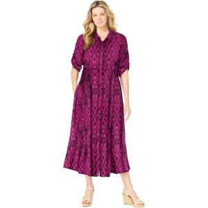 Woman Within Plus Size Roll-Tab Sleeve Crinkle Shirtdress(Deep Claret Batik)