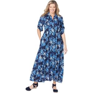 Woman Within Plus Size Roll-Tab Sleeve Crinkle Shirtdress(Navy Painterly Bouquet)
