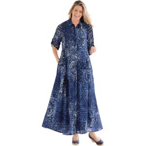 Woman Within Plus Size Roll-Tab Sleeve Crinkle Shirtdress(Navy Patchwork)