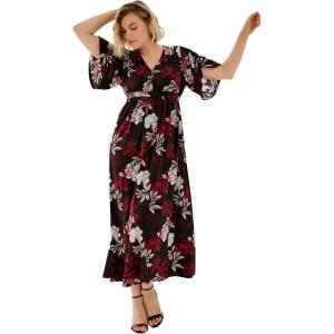 ellos Plus Size Knit Tie-Back Maxi(Black Red White Floral)