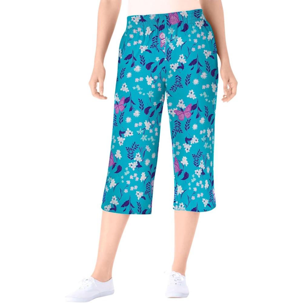 imageWoman Within Plus Size Petite ElasticWaist PullOn Knit Pocket Capri PantsPretty Turquoise Butterflies