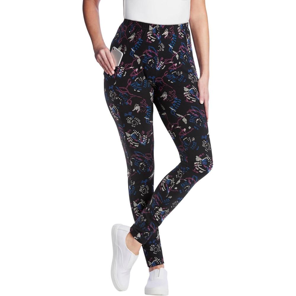 imageWoman Within Plus Size Petite StretchCotton Knit PullOn Printed Pocket LeggingsBlack Abstract Floral