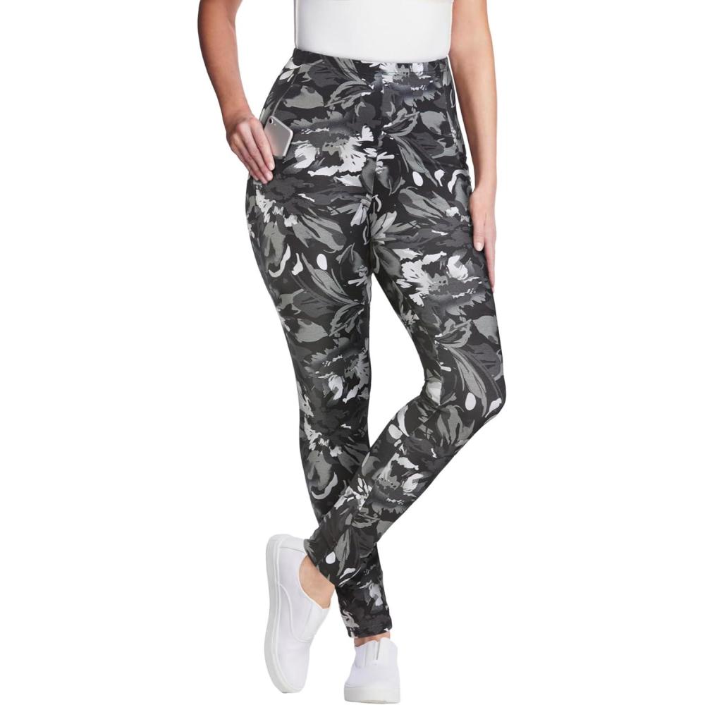 imageWoman Within Plus Size Petite StretchCotton Knit PullOn Printed Pocket LeggingsBlack Splash Floral