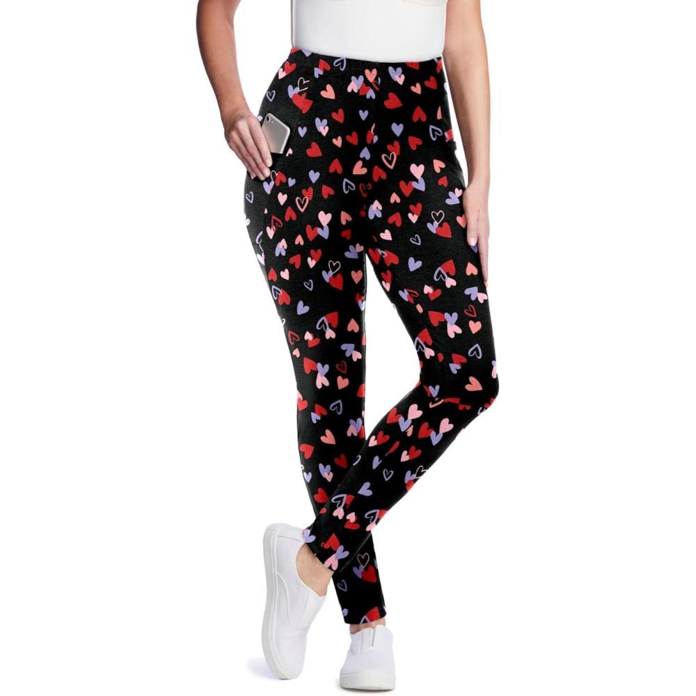 imageWoman Within Plus Size Petite StretchCotton Knit PullOn Printed Pocket LeggingsBlack Tossed Hearts