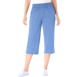 Woman Within Plus Size Petite Elastic-Waist Pull-On Knit Pocket Capri Pants(French Blue)