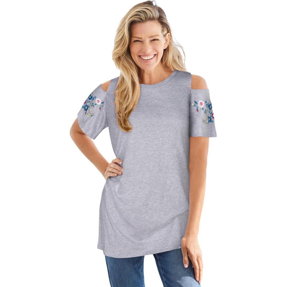 imageWoman Within Plus Size ShortSleeve ColdShoulder TeeHeather Grey Ditsy Embroidery