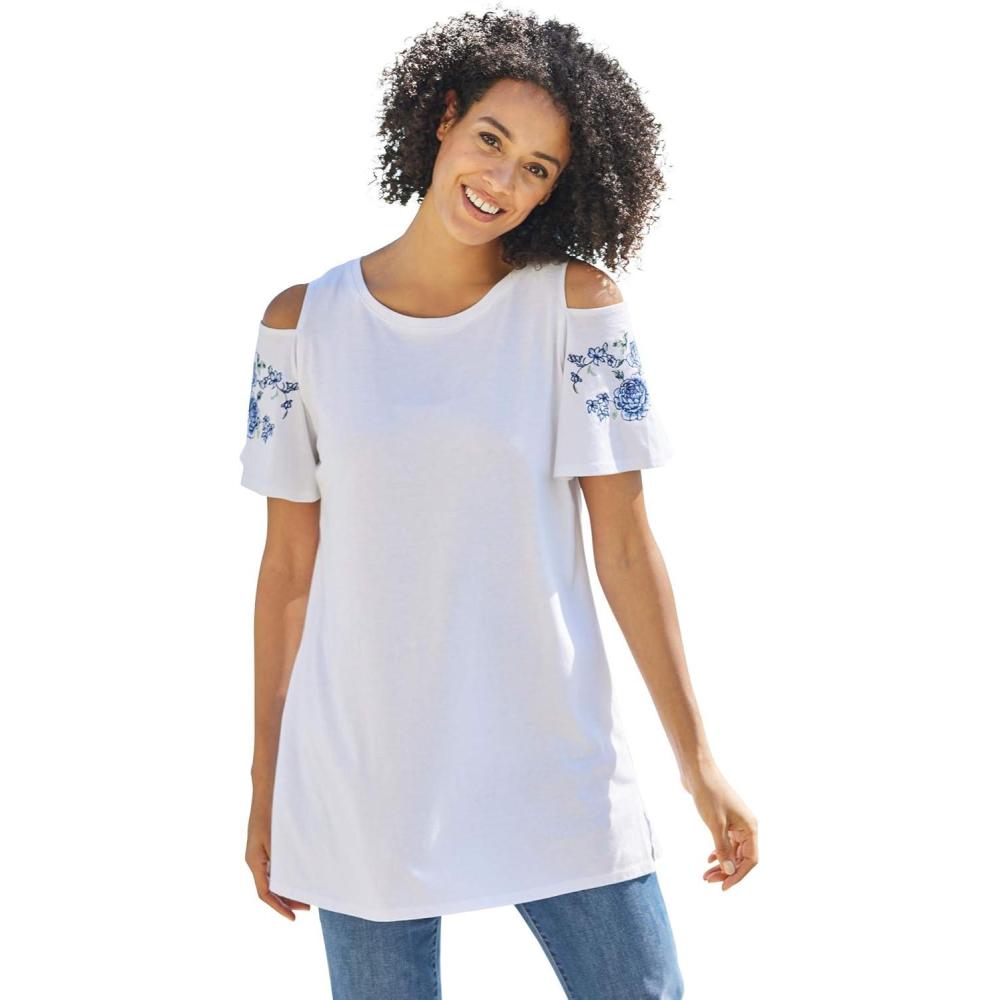 imageWoman Within Plus Size ShortSleeve ColdShoulder TeeWhite Rose Embroidery