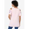 Woman Within Plus Size Short-Sleeve Cold-Shoulder Tee(Delicate Pink Rose Embroidery)