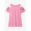 Woman Within Plus Size Short-Sleeve Cold-Shoulder Tee(Heather Grey Ditsy Embroidery)